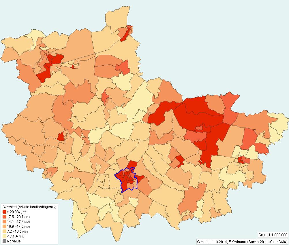 housing allowance Map 10: % renting from private landlord or letting agency by ward, Census 2011 Maps 6 to 9 show median private rents for 1, 2, 3 and 4 beds highlighting hotspots in red, and