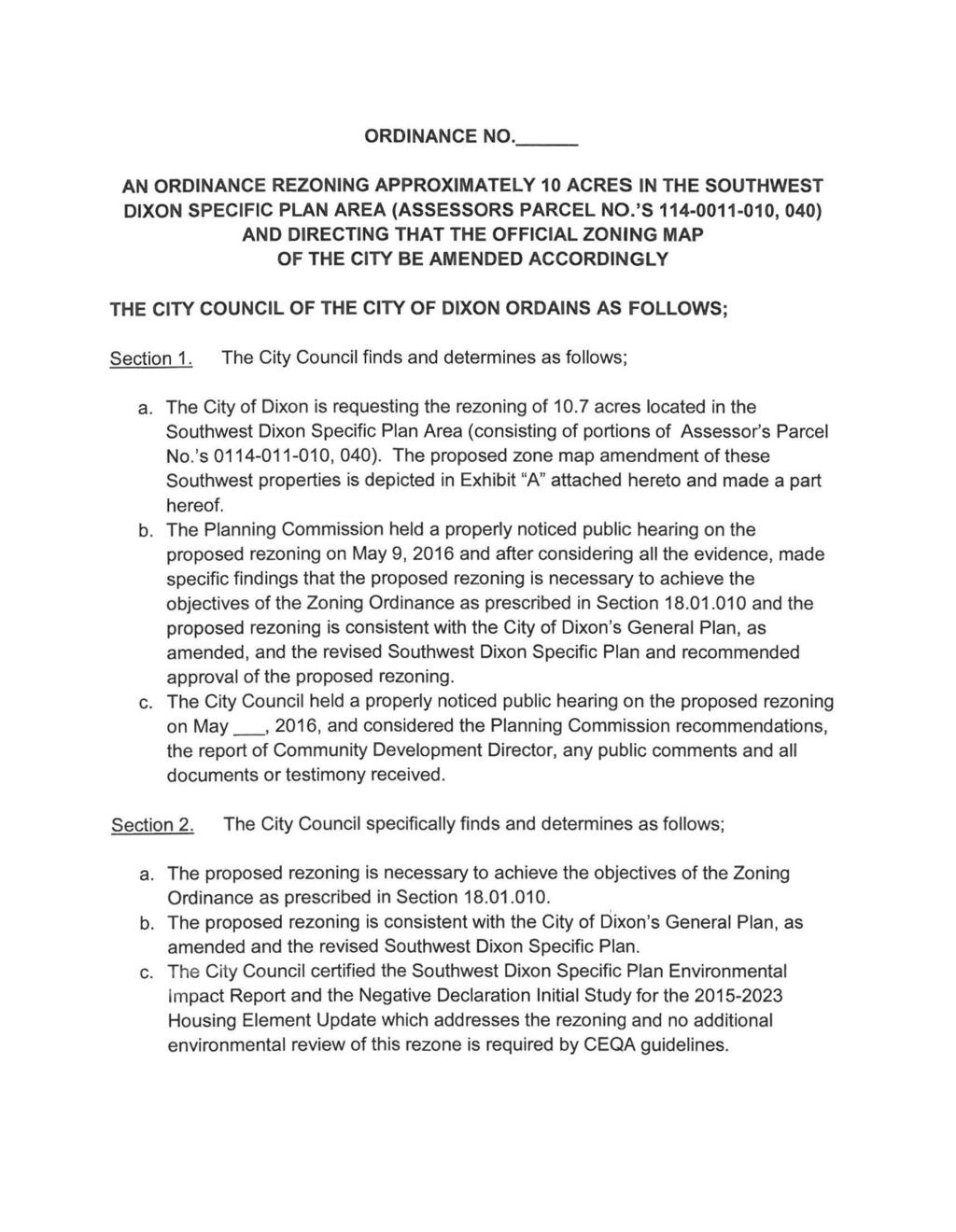 ORDINANCE NO. AN ORDINANCE REZONING APPROXIMATELY 10 ACRES IN THE SOUTHWEST DIXON SPECIFIC PLAN AREA (ASSESSORS PARCEL NO.
