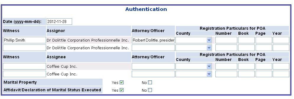 Obtain the necessary names of the signatories and complete the Authentication block.
