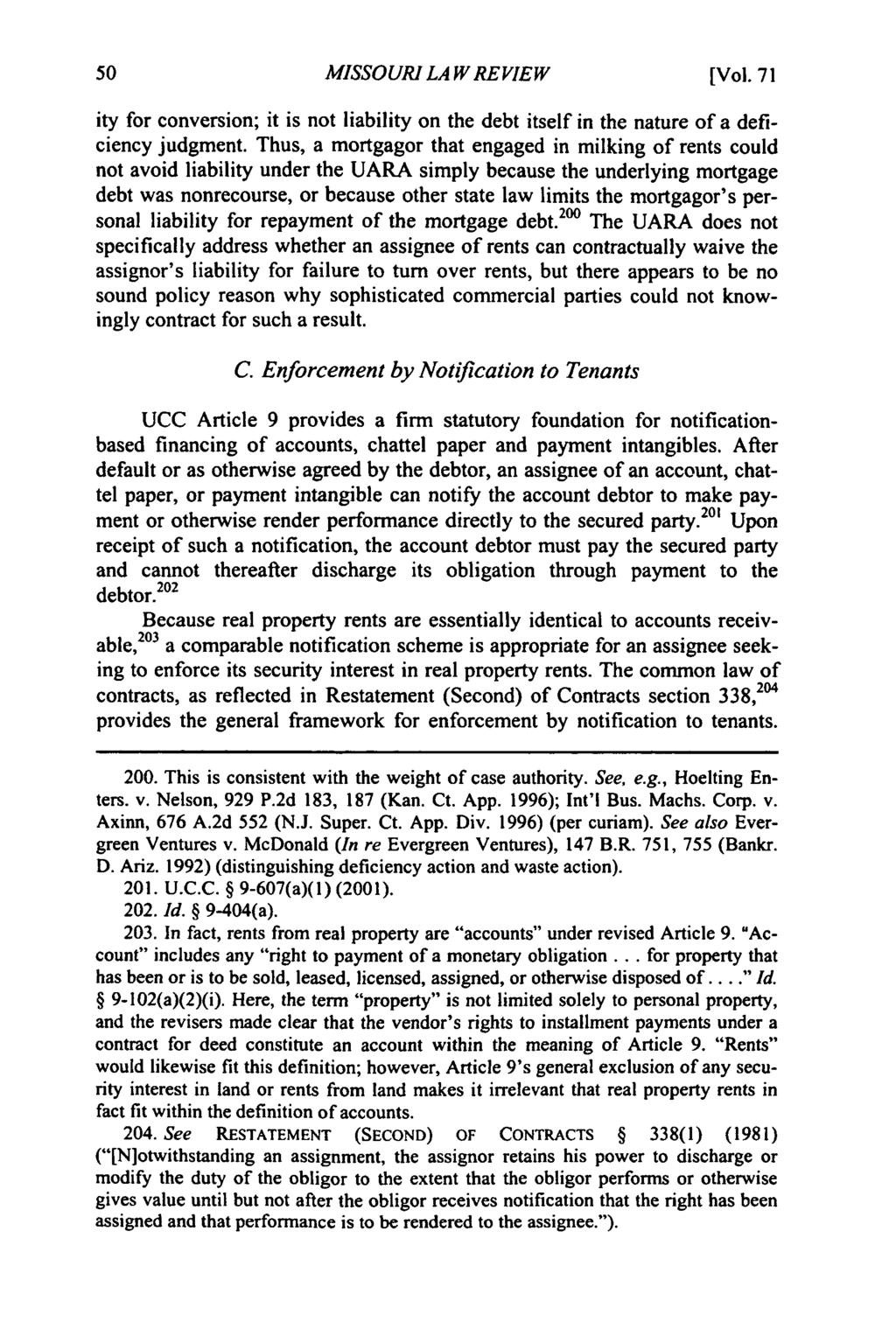 Missouri Law Review, Vol. 71, Iss. 1 [2006], Art. 6 MISSOURI LA W REVIEW [Vol. 71 ity for conversion; it is not liability on the debt itself in the nature of a deficiency judgment.