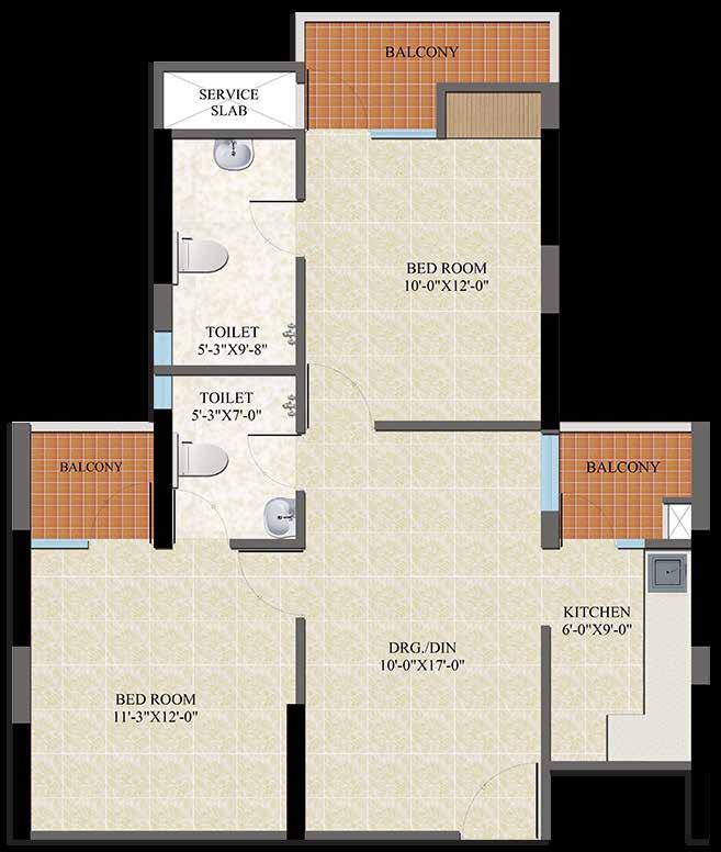 SECTOR-2B, VASUNDHARA 2 Bedrooms Drawing & Dining Kitchen 2 Toilets 3 Balconies CARPET AREA 55.3 SQ. MTR. (595.2 SQ. FT.) BALCONY AREA 8.8 SQ.