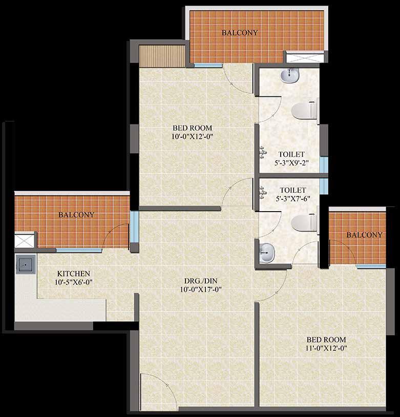 SECTOR-2B, VASUNDHARA 2 Bedrooms Drawing & Dining Kitchen 2 Toilets 3 Balconies CARPET AREA 55.7 SQ. MTR. (599.6 SQ. FT.) BALCONY AREA 11.8 SQ.