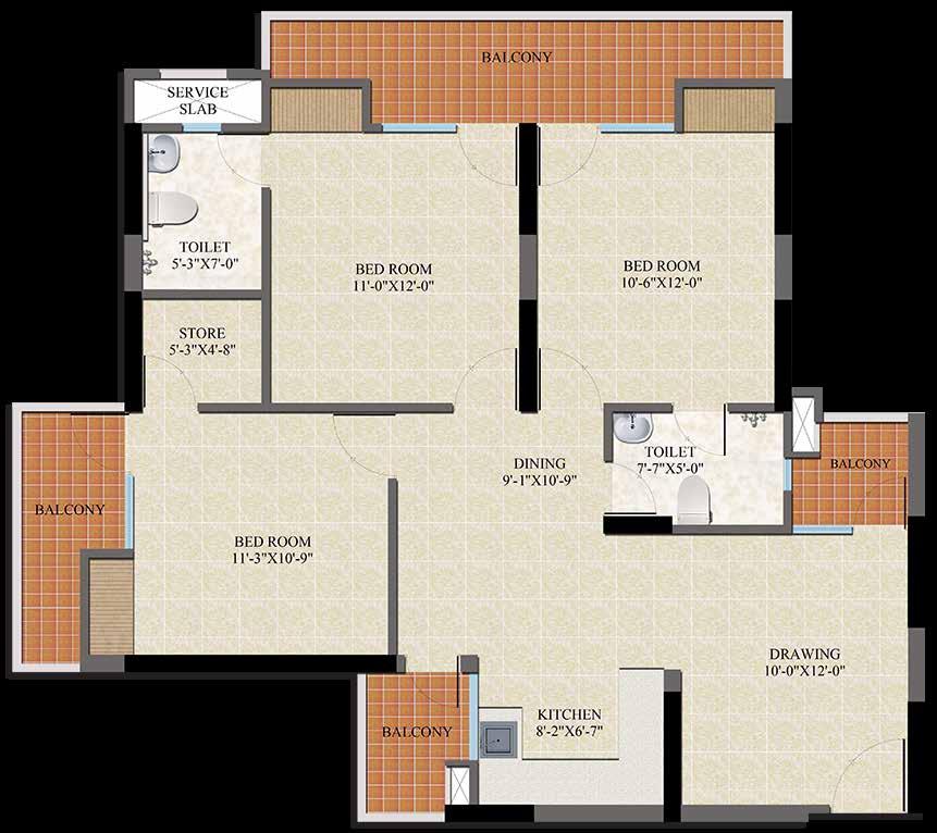SECTOR-2B, VASUNDHARA 3 Bedrooms Drawing & Dining Kitchen Store 2 Toilets 4 Balconies CARPET AREA 77.3 SQ. MTR. (832.1 SQ. FT.) BALCONY AREA 17.