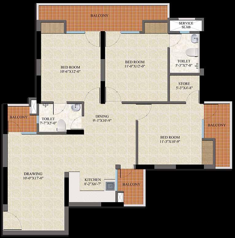 SECTOR-2B, VASUNDHARA 3 Bedrooms Drawing & Dining Kitchen Store 2 Toilets 4 Balconies CARPET AREA 81.9 SQ. MTR. (881.6 SQ. FT.) BALCONY AREA 17.9 SQ. MTR. (192.7 SQ. FT.) BUILT UP AREA 108.1 SQ. MTR. (1163.