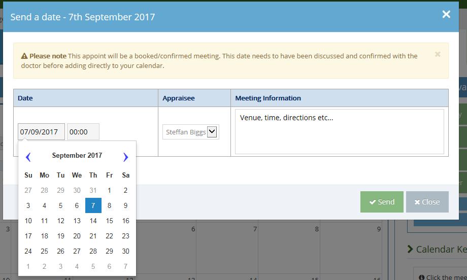 7 To suggest multiple meeting dates to an individual Appraisee you need to press the calendar button in the Action column (highlighted with red arrow).