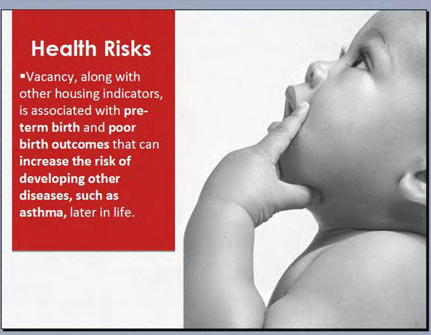 Health Risks Another slide Vacancy, along with other housing indicators, is associated with pre-term birth and