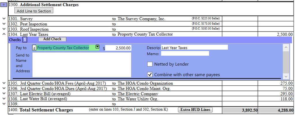 HUD Page 2 regarding checks (Balance Sheet) Use the expander to view the disbursement. Inside, use the check mark to Combine with same payees or deselect for separate checks.