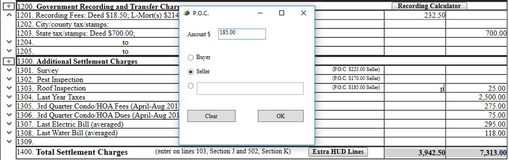 HUD Page 2 regarding paid outside closing To generate the paid outside closing feature, type the letter p in the borrower amount column, press the Tab key, and then a pop-up box will appear.