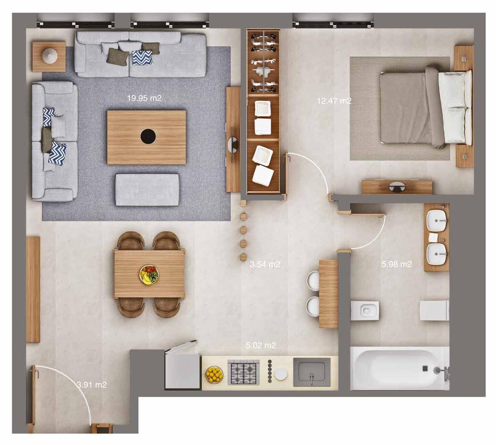 Type F2 1 Bedroom SELLABLE AREA Total Area (m2) 54 Suite Area (m2) 54 Balcony Area (m2) 0