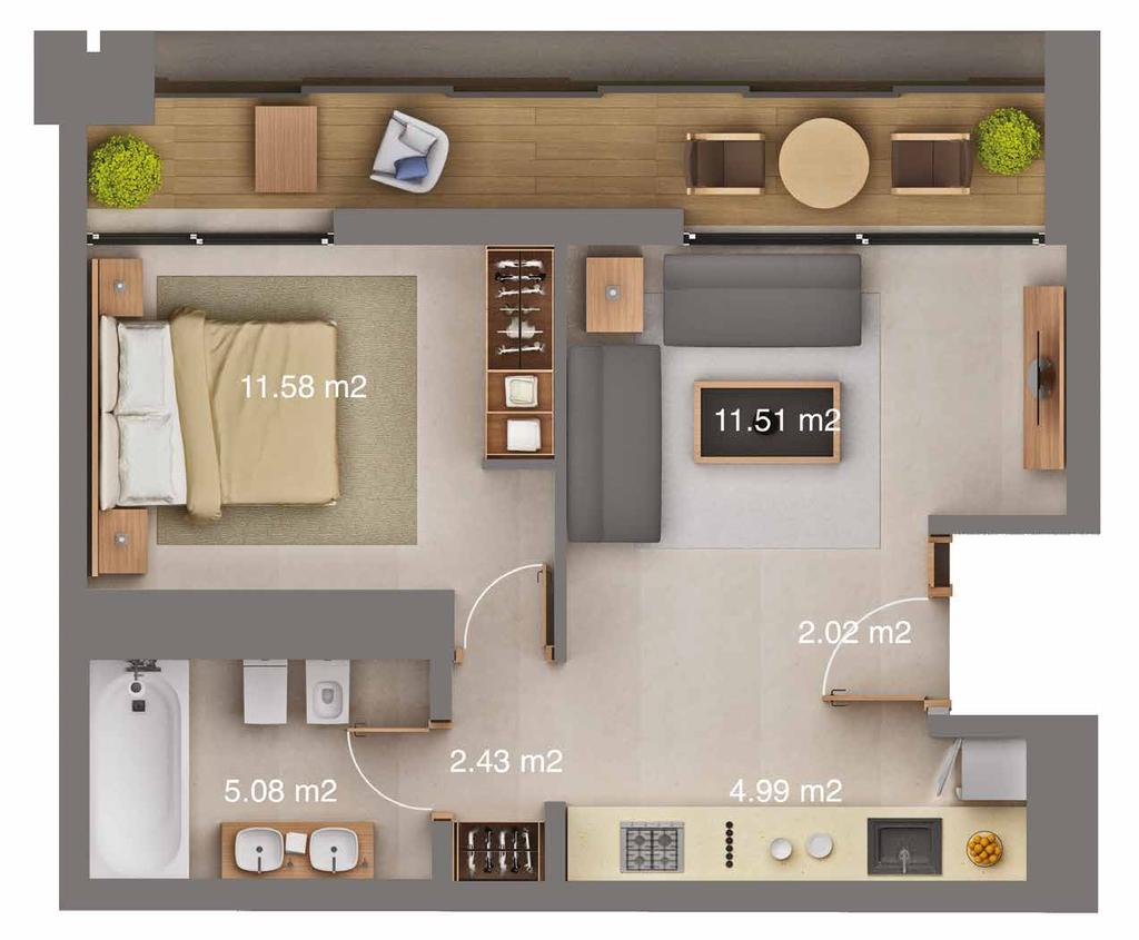 Type F2 1 Bedroom SELLABLE AREA Total Area (m2) 45 Suite Area (m2) 37 Balcony Area (m2) 8