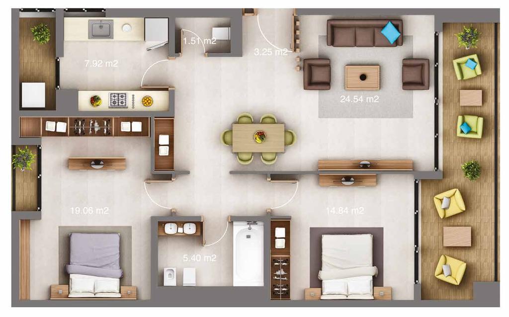 Type F3 3 Bedrooms SELLABLE AREA Total Area (m2) 97 Suite Area (m2) 86 Balcony Area (m2) 11