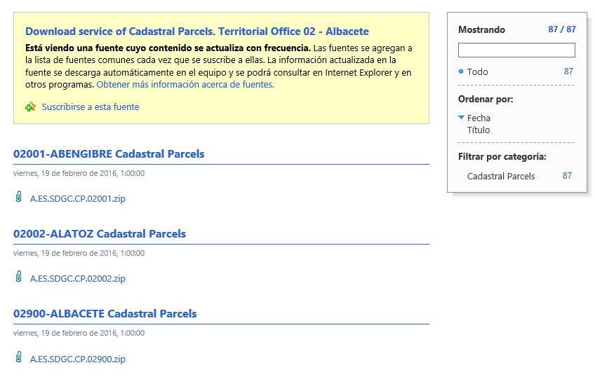 Figure1: ATOM service of Cadastral Parcel in Internet Explorer There are 2 levels of access to obtain the download of the data of a municipality.