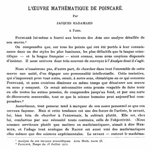Hadamard, Jacques, The Later Scientific Work of Henri Poincaré: Lectures Delivered at the Rice Institute in March, 1920, Rice Institute Pamphlet 9, 3, 111-183 (1922).
