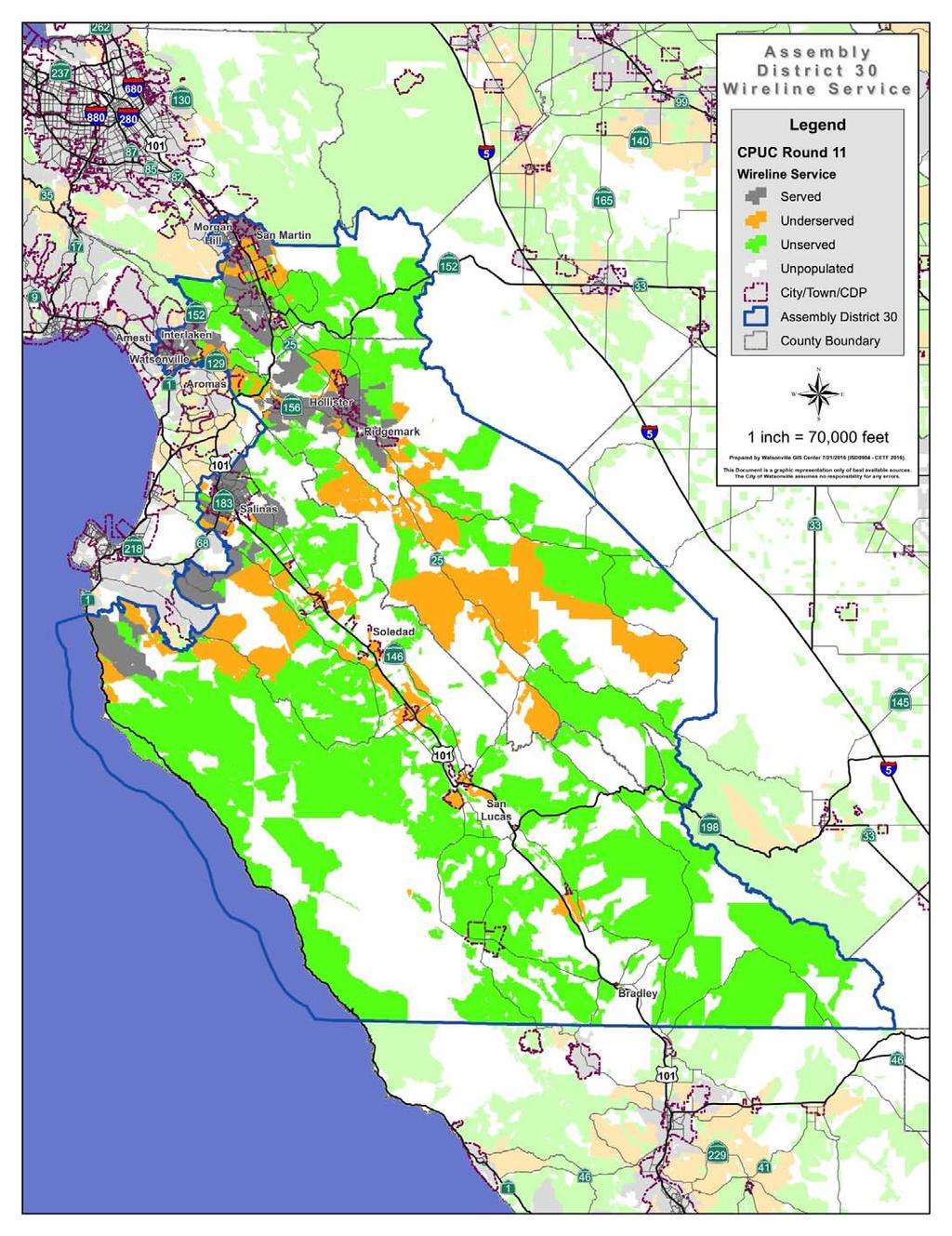 The Digital Divide In Assembly District 30: Broadband Wireline Service District 30 Served Underserved Unserved Total Households 107,399 18,004 9,133 134,536 80% 13% 7% 100% Population 363,503 67,957