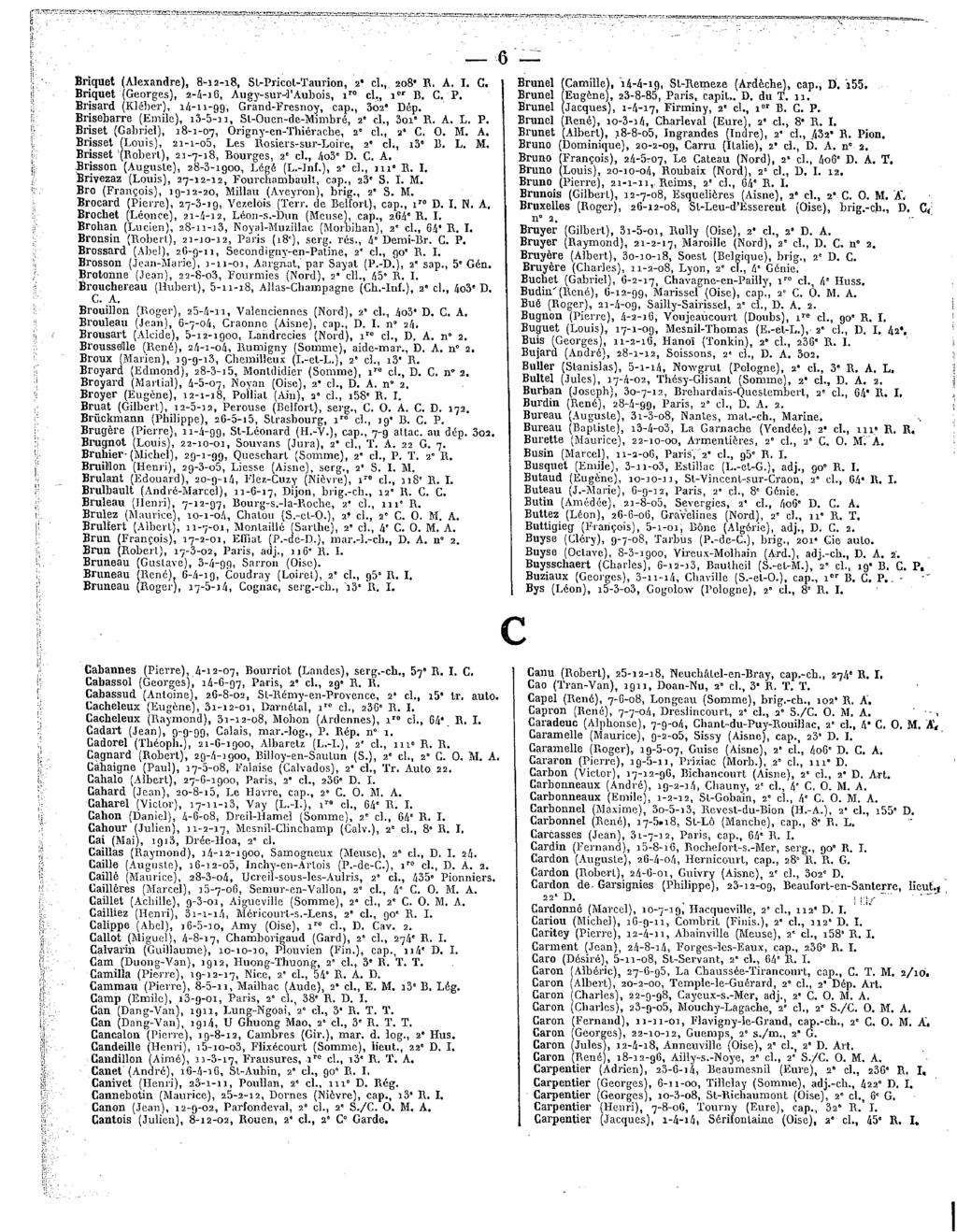 6 Briquet(Alexandre), 8-12-18,Sl-Pricot-Taurion, 2' cl., 208"R. A.I. G. Briquet(Georges), 2-4-16,Augy-sur-l'Aubois, iro cl., 1erB. C.P. Brisard(Kléber),14-11-99', Grand-FYesnoy, cap.,302"dép.