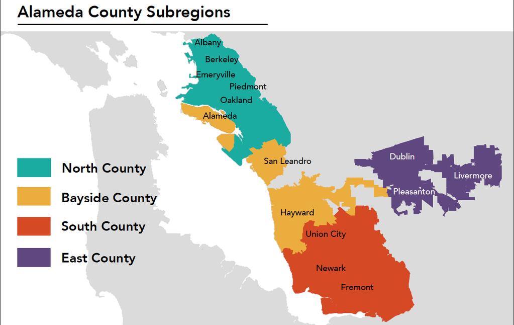 For our analysis, we divided Alameda County into four sub-regions according to their geographical proximity and housing market similarities.