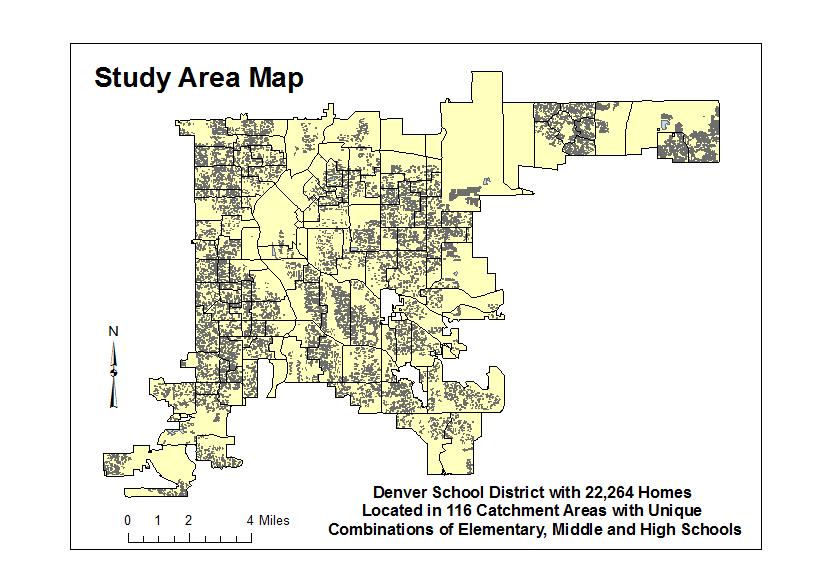 Figure 12: Location of 22,264 Home Sales for 2002-2004 in the Denver School District, Catchment Areas are for the 2002-2003 School Year.