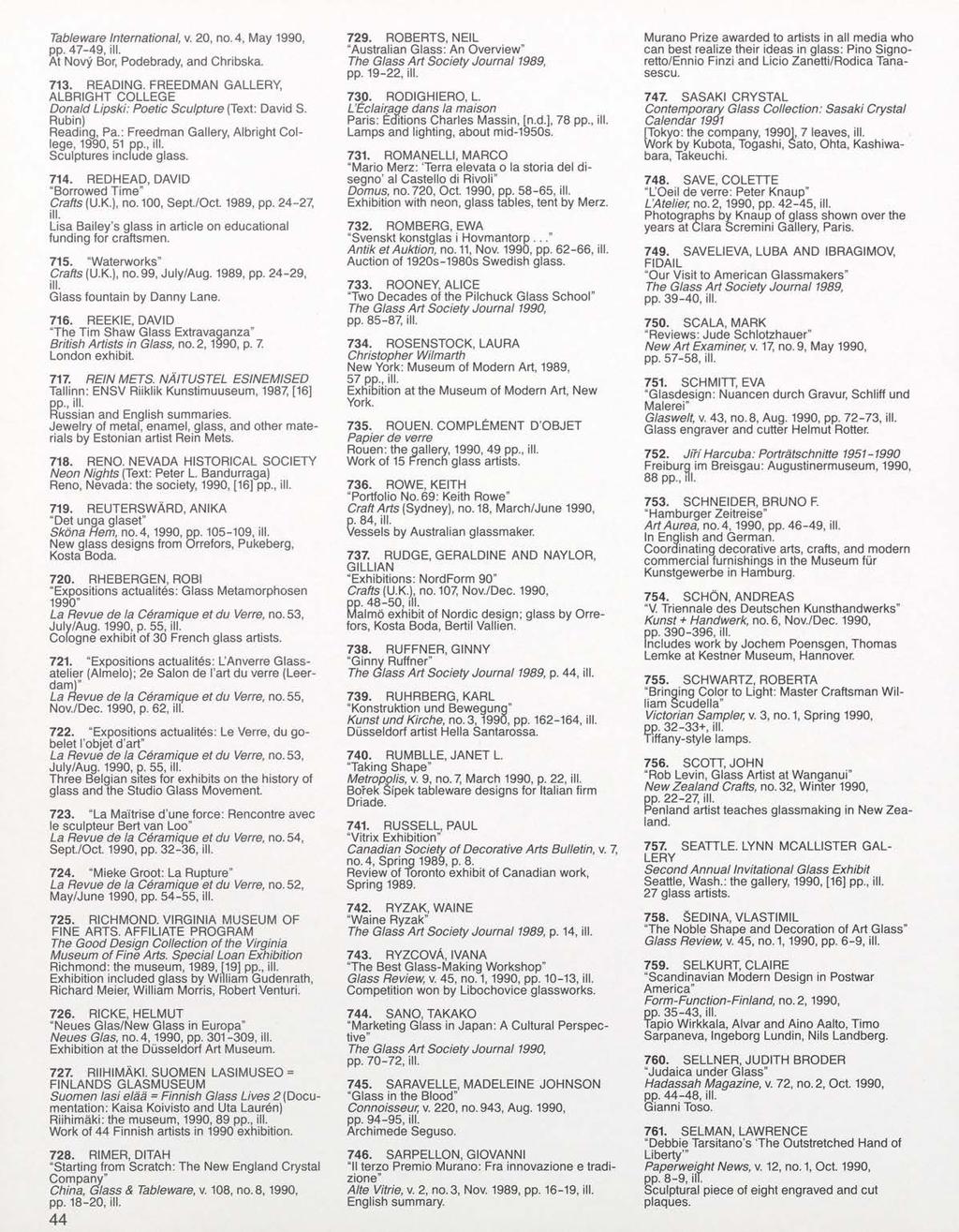 Tableware International, v. 20, no. 4, May 1990, pp. 47-49, At Novy Bor, Podebrady, and Chribska. 713. READING. FREEDMAN GALLERY, ALBRIGHT COLLEGE Donald Lipski: Poetic Sculpture (Text: David S.