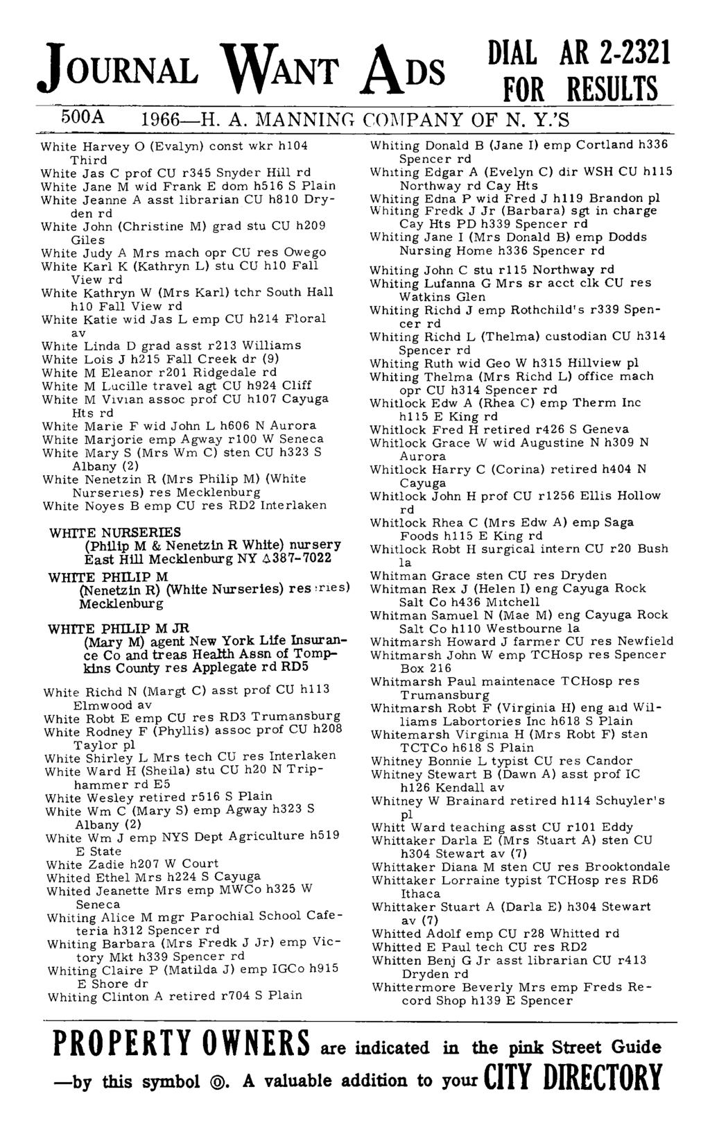 JOURNAL WANT ADS 500A 1966-H. A. MANNING. COMPANY OF N.