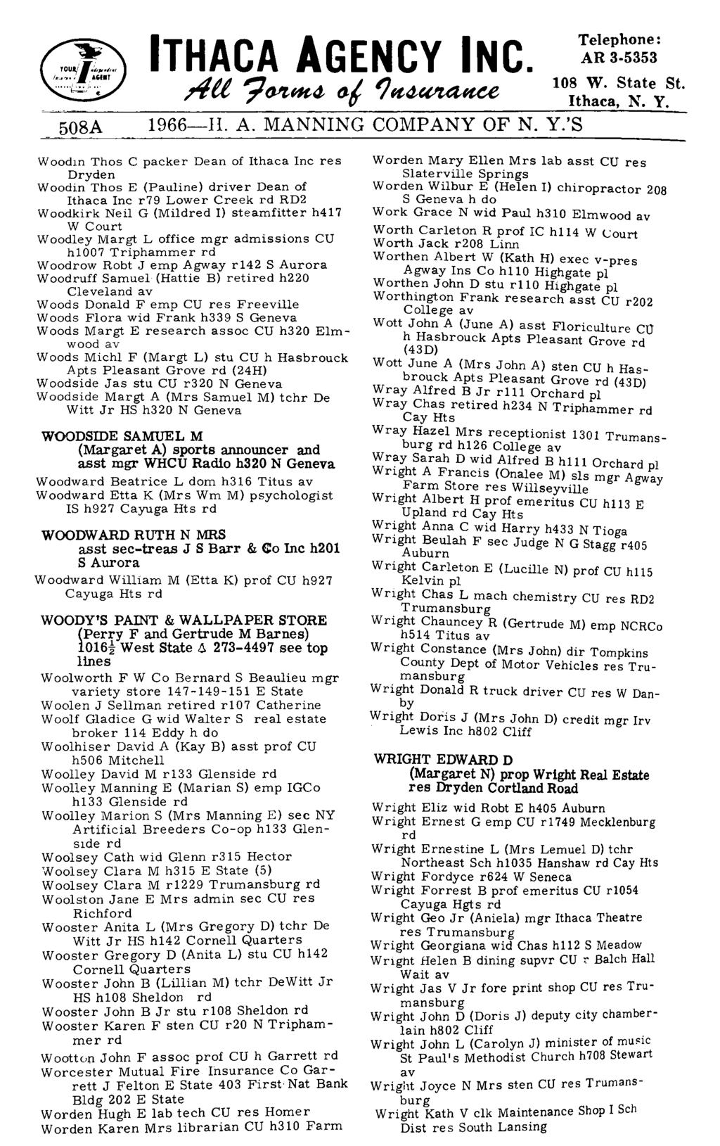 508A ITHACA AGENCY INC. riu '1(J1Z,Htft 0-/ '1ltft~ 1966-H. A. MANNING COMPANY OF N. Y.
