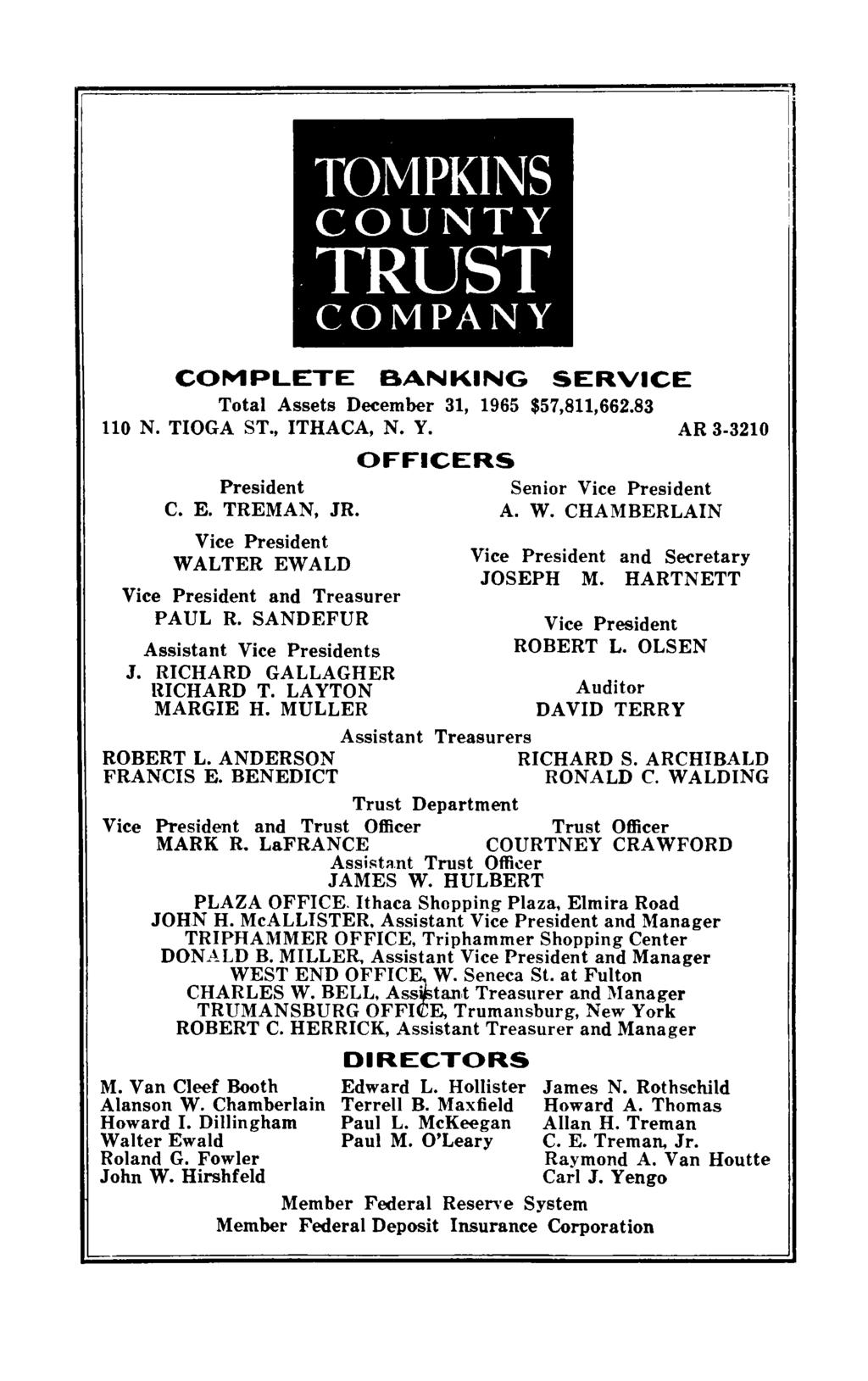 TOMPKINS COUNTY.TRUST COMPANY COMPLETE BANKING SERVICE Total Assets December 31, 1965 $57,811,662.83 110 N. TIOGA ST., ITHACA, N. Y. AR 3-3210 President C. E. TREMAN, JR.