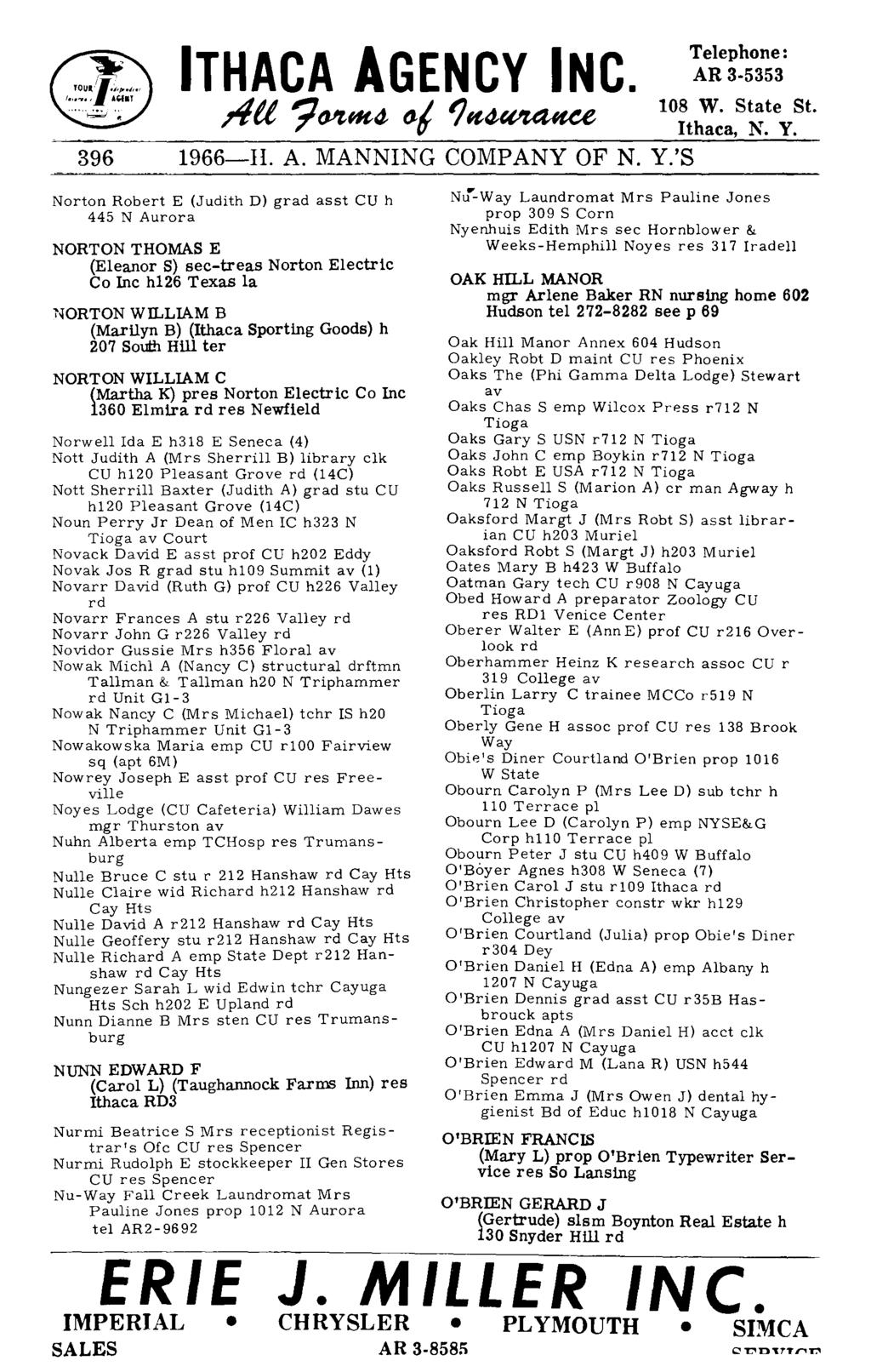 396 1966-H. A. MANNING COMPANY OF N. Y.'S Norton Robert E (Judith D) grad asst CU h 445 N Aurora NORTON THOMAS E (Eleanor S) sec-treas Norton Electric Co Inc h126 Texas la NORTON Wn.