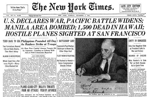 War. 151 On December 8, 1941, President Franklin D. Roosevelt declared war on the Japanese Empire (see Figure 20). Figure 20. U.S.