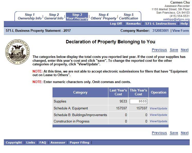 STEP 3 Your Property The main screen of Step 3 is the Declaration of Property Belonging to You.