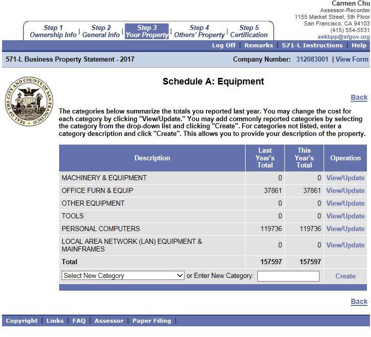 Schedule A: Equipment Schedule A shows the following equipment sub-categories: Machinery and Equipment, Office Furniture and Equipment, Other Equipment, Tools, Personal Computers, and Local Area