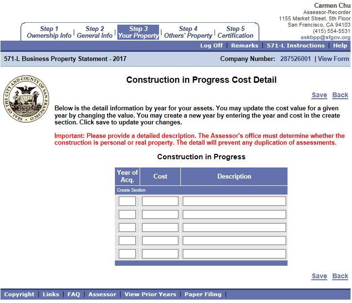 Construction in Progress Under Construction in Progress Cost Detail screen, fill out the following