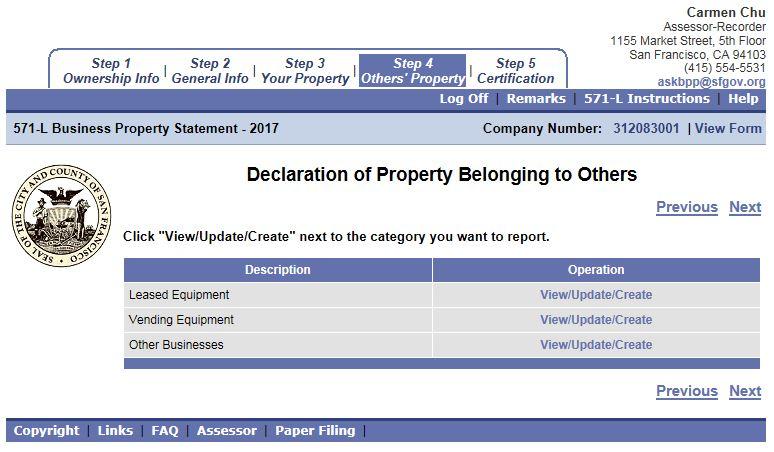 STEP 4 Other s Property The main screen of Step 4 is the Declaration of Property Belonging to Others screen (Fig.