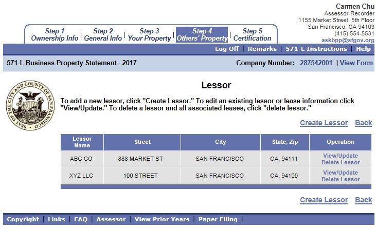 Leased Equipment Click View/Update and/or Create Lessor as appropriate. This will bring you to the Lessor screen (Fig. 21).