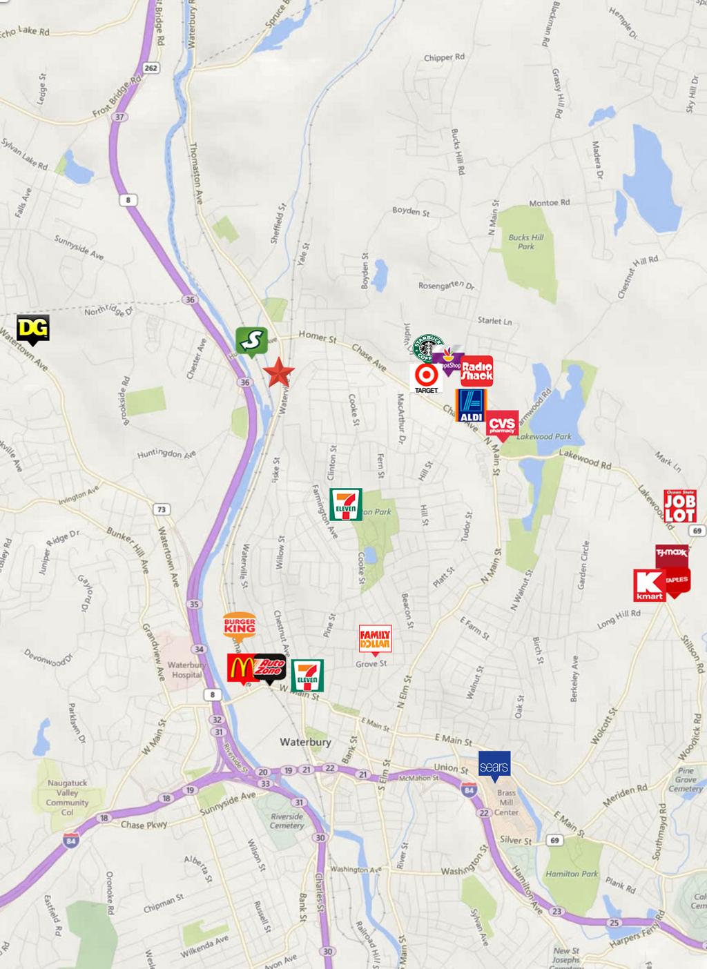 FOR SALE Neighborhood Map Waterbury, CT 06704 NEAR TOP NATIONAL RETAILERS INCLUDING: Retailer Distance (miles) Subway.5 Target 1.1 Starbucks 1.1 McDonald s 1.2 RadioShack 1.2 Aldi 1.4 7-Eleven 1.