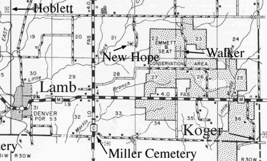 Cemetery Transcriptions based on digital Photos taken by Ben Glick September 2001 Location: Walker Cemetery is East of Denver, MO in the Emmett B. Seat Conservation Area. See Map below.