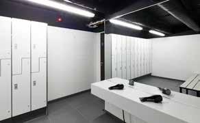 at lower ground level 8 showers and 37 lockers Male, female and disabled super loos on each floor