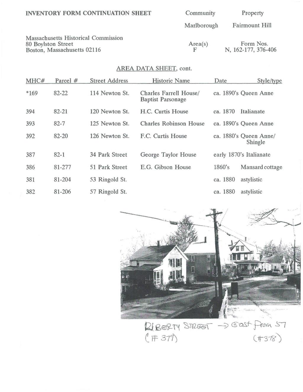 INVENTORY ORM CONTINUATION SHEET Community Marlborough Property airmount Hill orm Nos. N, 162-177, 376-406 AREA DATA SHEET, cont.