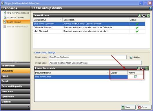 3. In the Lease Group Settings group box, enter a Group Name in the entry field and select Active to make it available for use in the Site Revenue Classes. (For example, type Blue Moon Software.) 4.