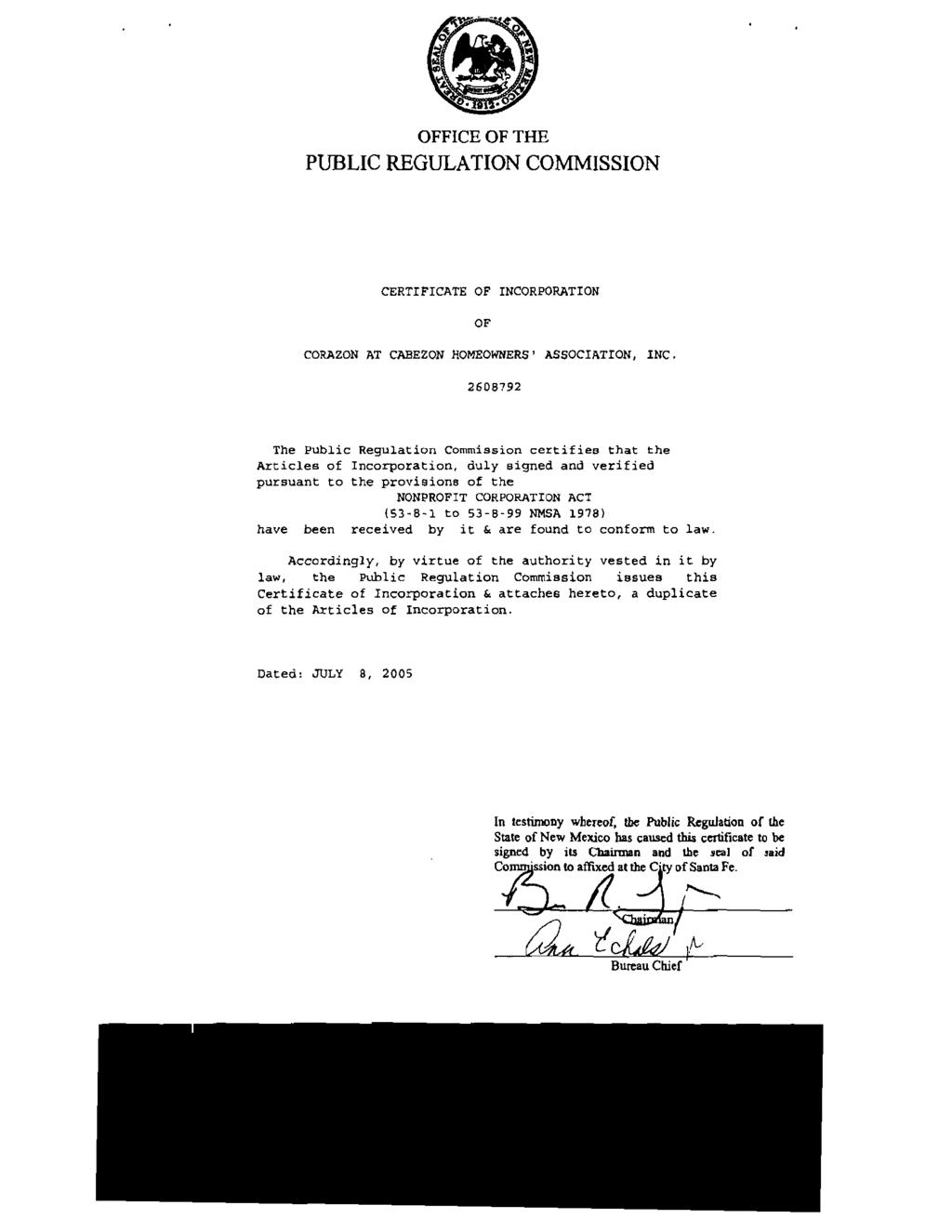 OFFICE OF THE PUBLIC REGULATION COMMISSION CERTIFICATE OF INCORPORATION OF CORAZON AT CABEZON HOMEOWNERS' ASSOCIATION, INC.