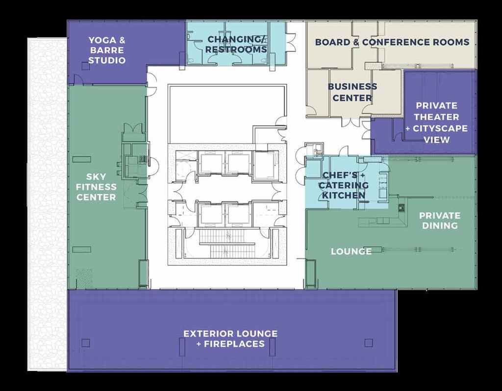 include: Sky Fitness Center cantilevered over the building s edge, including -- Yoga + Barre Studio -- Restrooms for Private Changing Cantilevering 25-person Theater with floor-to-ceiling view of