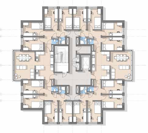 Facility Units: Horwood A & B - Typical Upper Floor Layout Clusters entered through living space Secondary means of escape from bedroom corridor Generous communal living/dining/kitchen spaces