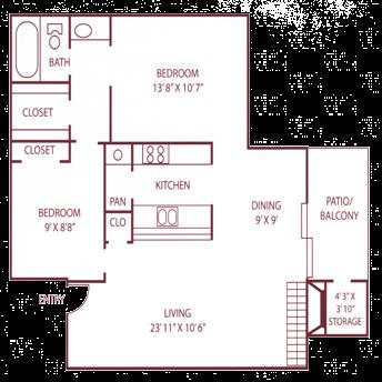 Connections Plan B1 Two Bedroom - One Bath 850Square Feet