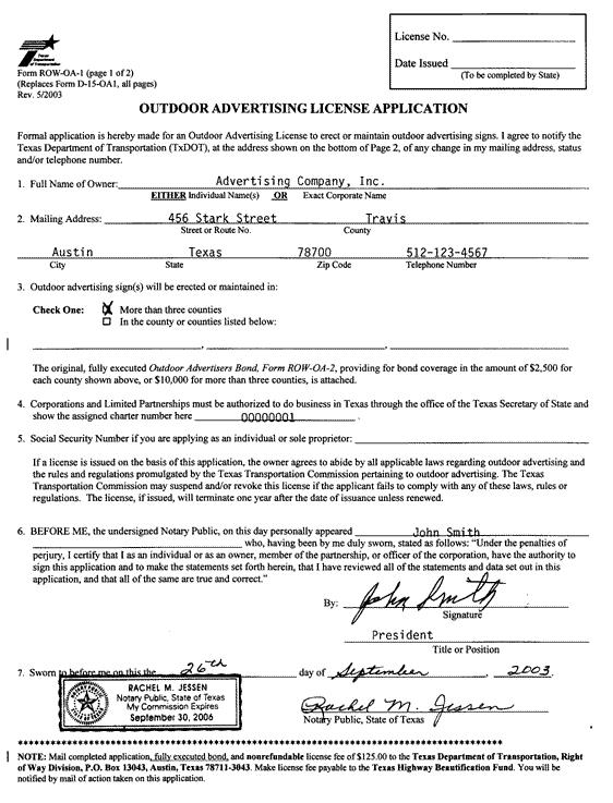 Figure 3: Outdoor Advertising License Application, Form ROW-OA1,