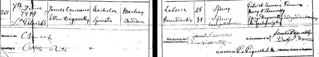40 St Patrick's RC Church Sydney Parish Register: Marriage of Ellen Dagworthy to James Cannane Their children were: Mary Bridget (19/03/1900-17/05/1901); John Joseph (28/03/1901-02/03/1986) m. 1.