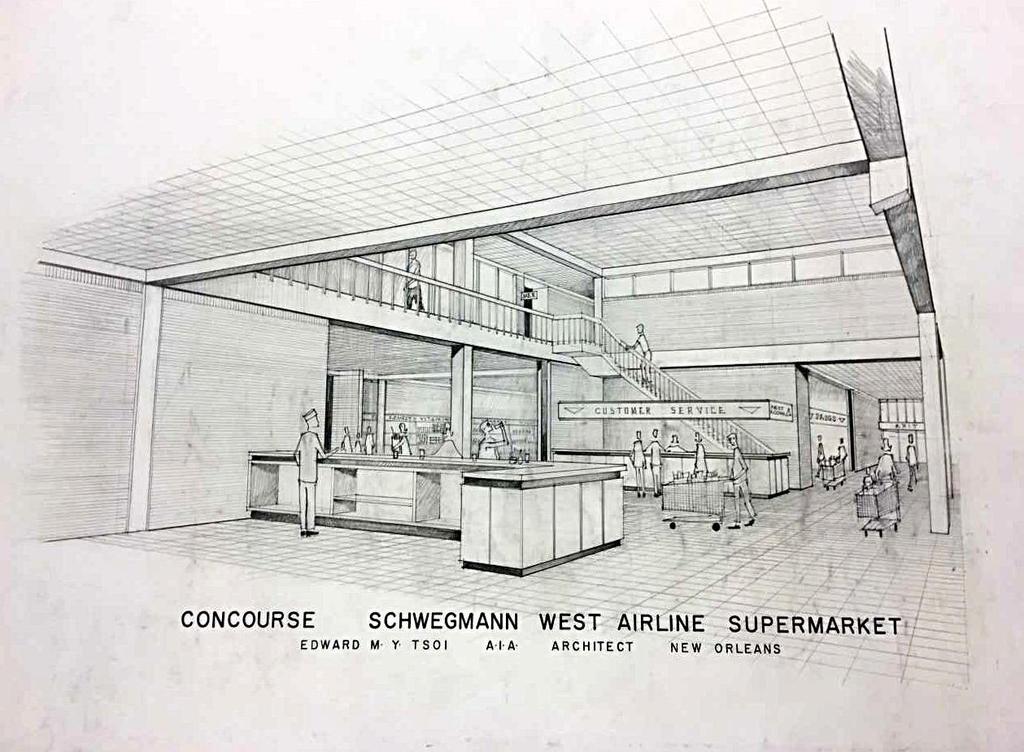Edward M.Y. Tsoi Office Records SOUTHEASTERN ARCHITECTURAL ARCHIVE COLLECTION 186 Perspective of interior, Schwegmann West Airline Supermarket, Metairie, LA. 1967. Edward M.Y. Tsoi, architect.