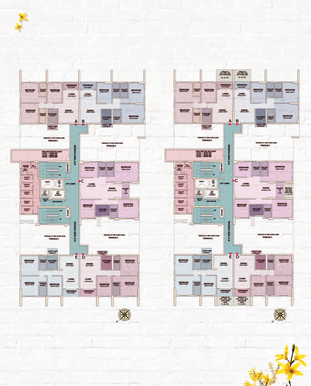 Typical Floor Plan without Terrace Plan of 3rd, 4th, 5th, 6th, 8th, 9th, 11th, 12th, 14th, 15th 17th &18th Floors Typical Floor Plan with Terrace Plan of 7th,10th,13th and16th Floors Area Statement
