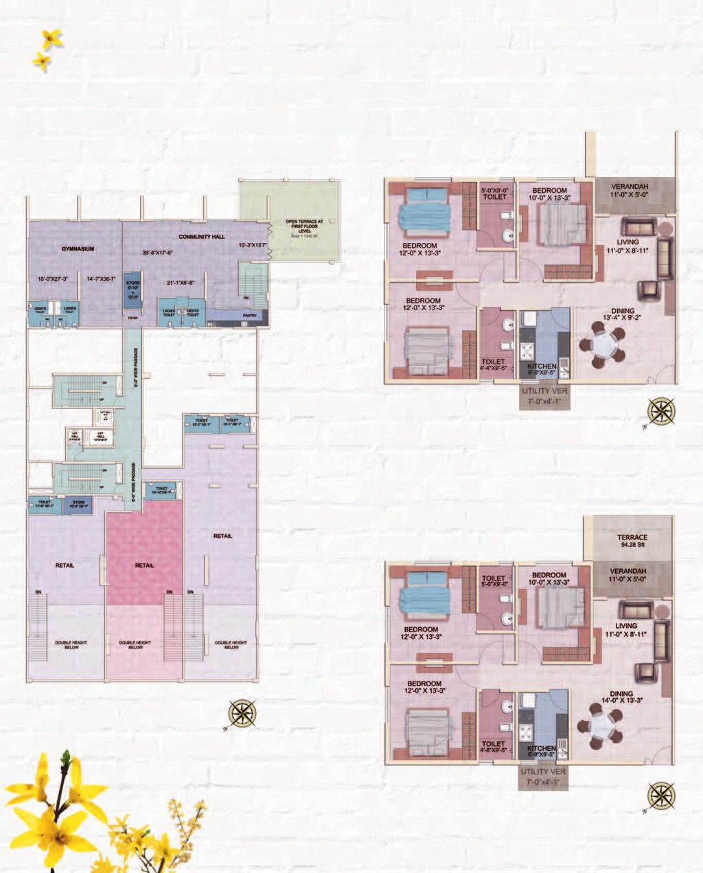 1st Floor Plan Flat A Floor Plan without Terrace Flat A at 3rd, 4th, 5th, 6th, 8th, 9th, 11th, 12th,14th,15th,17th &18th Floors Super Built-up Area = 1,623 sq. ft.
