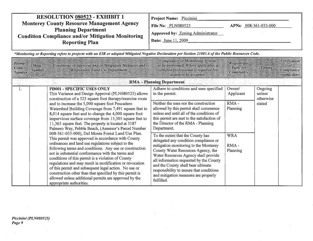 RESOLUTION 080523 - EXHIBIT 1 Monterey County Resource Management Agenc y Planning Department Condition Compliance and/or Mitigation Monitorin g Reporting Pla n Project Name : Piccinini File No :