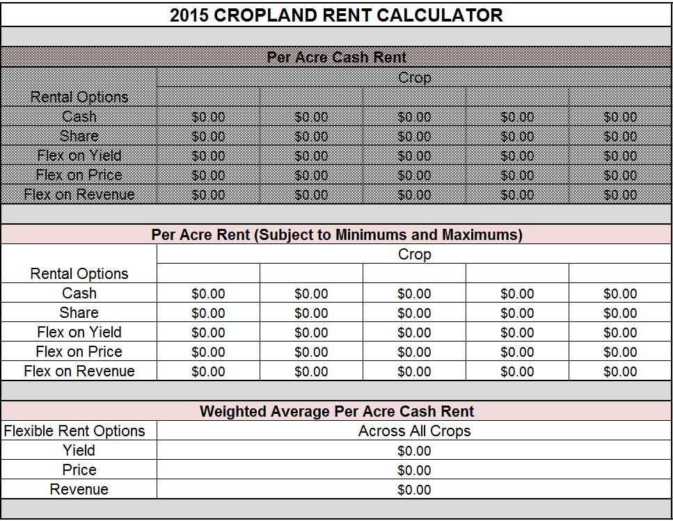 STEP 6: Calculate Rent The cropland rental options are displayed in the CALCULATE RENT step. The grey block includes the flex rent options not subject to minimum and maximum values.