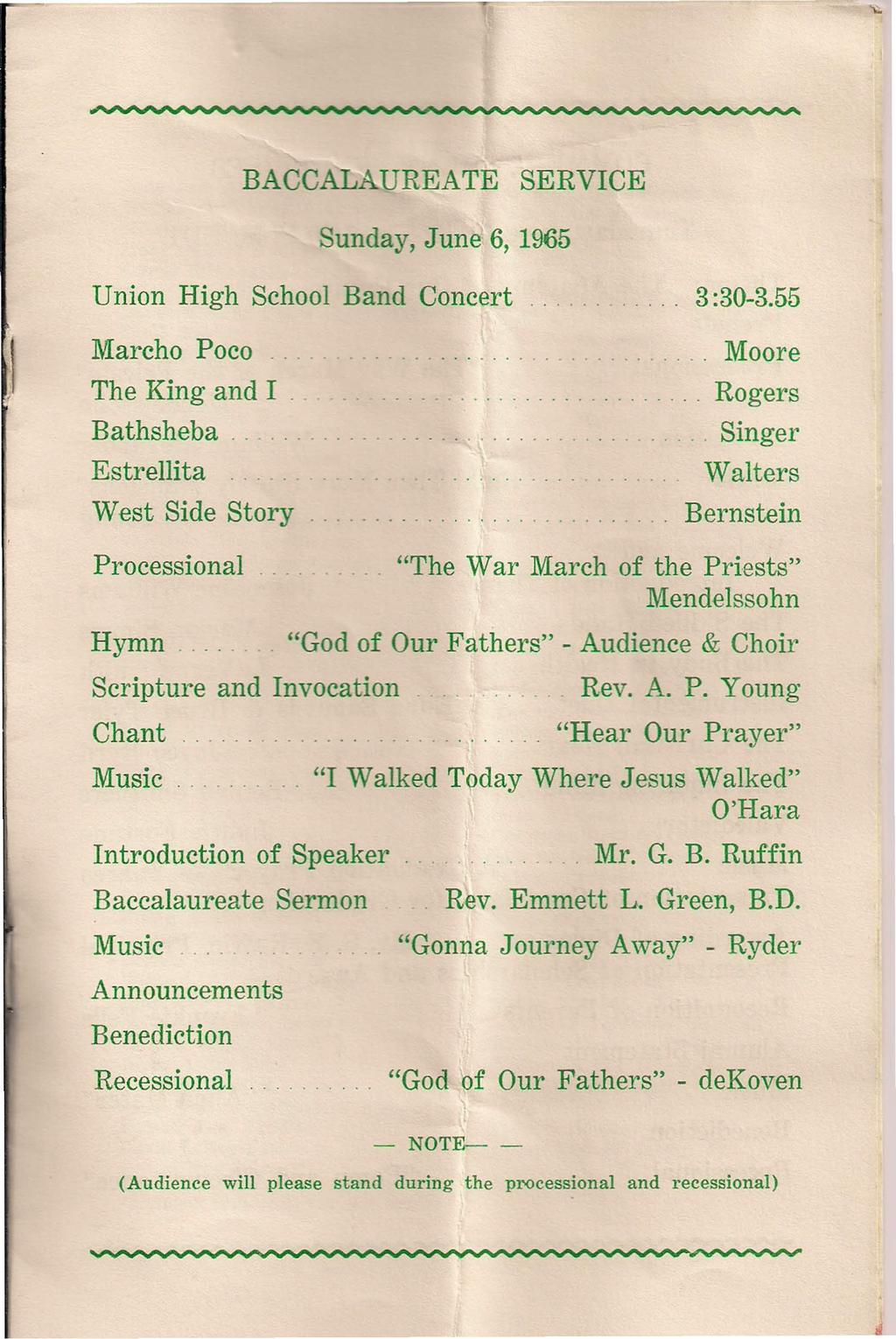 BACCALAUREATE SERVICE Sunday, June 6, 1965 Union High School Band Concert 3:30-3.55 Marcho Poco....... Moore The King and I. Bathsheba... _. Rogers Singer Estrellita.... VValters VV stside Story.