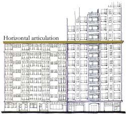 Horizontal articulation at the street wall height should be employed. Like all buildings, towers need to create an appropriate enclosure of the street.